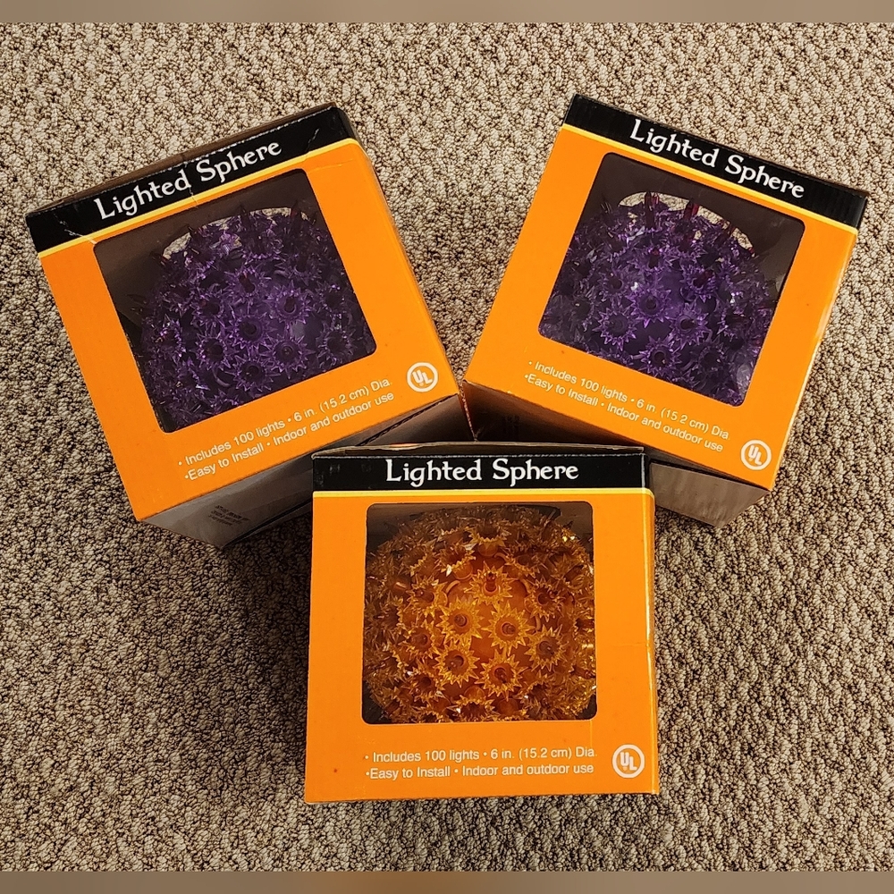 Lighted Spheres, 100 lites each, lot of 3 - Purple & Orange, NEW in Box! Plug-in